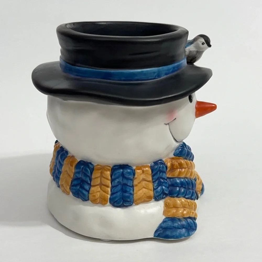 Vintage Ceramic Snowman Votive Candle Holder with Scarf and Bird on Hat